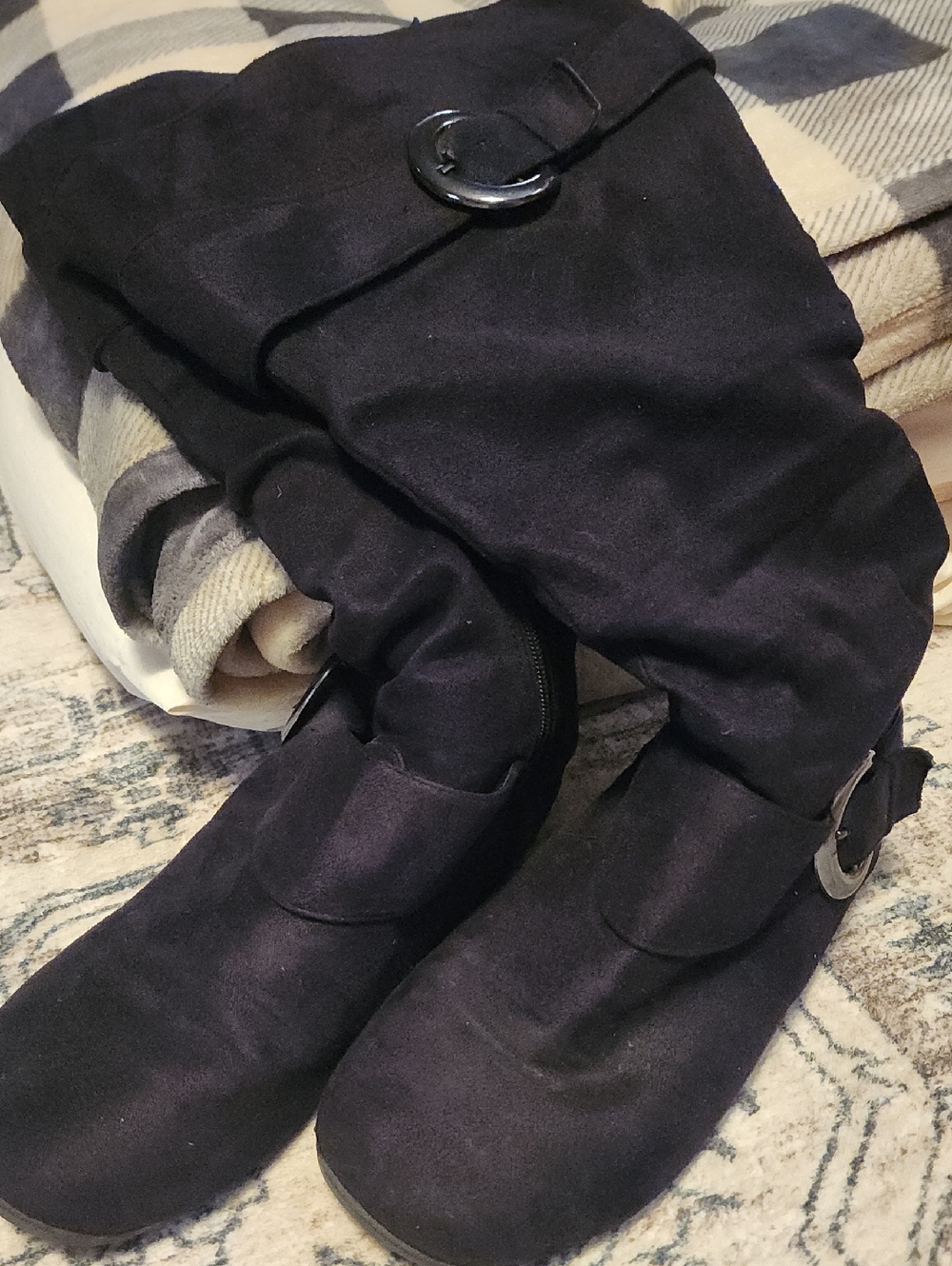 Tall Black Buckle Suede-Look Boots